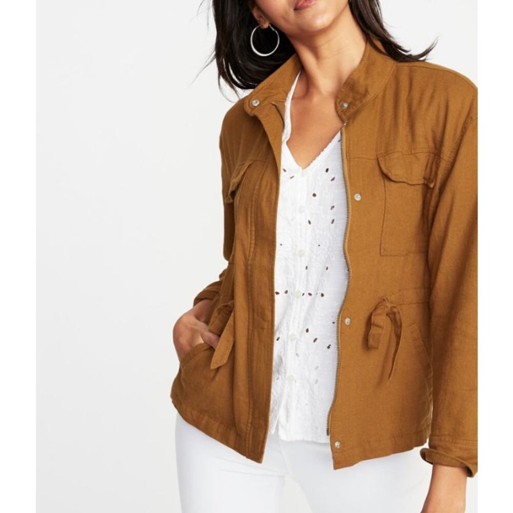 Old Navy Mustard Yellow Linen Blend Utility Jacket Womens XS Full Zip Drawstring